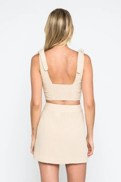 Beige wrap mini skirt with tie waist
