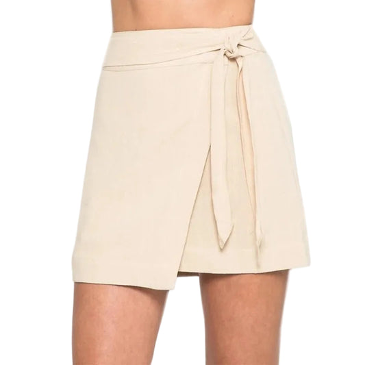 Beige wrap mini skirt with tie waist
