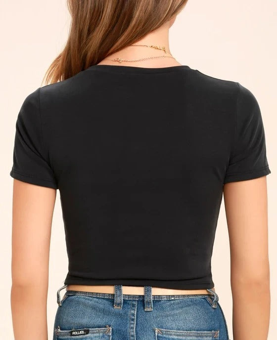 Black cropped twist-front short sleeve top