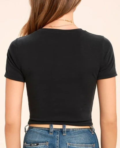 Black cropped twist-front short sleeve top