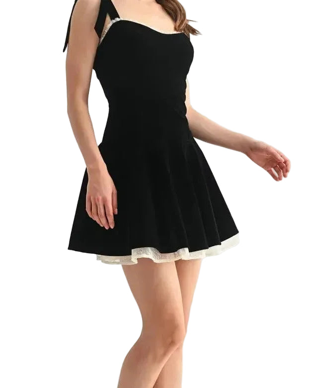 Black strappy mini dress with flared skirt and lace trim