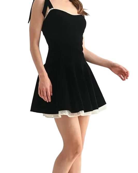 Black strappy mini dress with flared skirt and lace trim