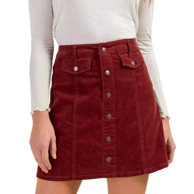 Burgundy button-front mini skirt with flap pockets