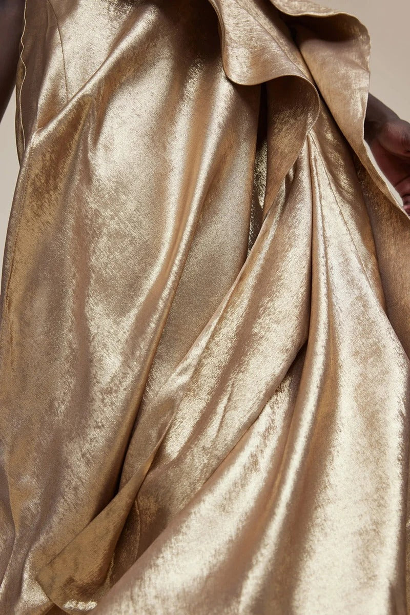 Gold ruffle detail midi dress with thin straps