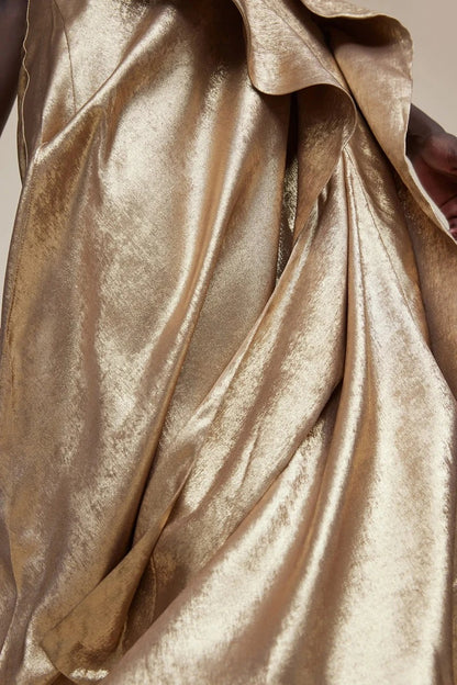 Gold ruffle detail midi dress with thin straps