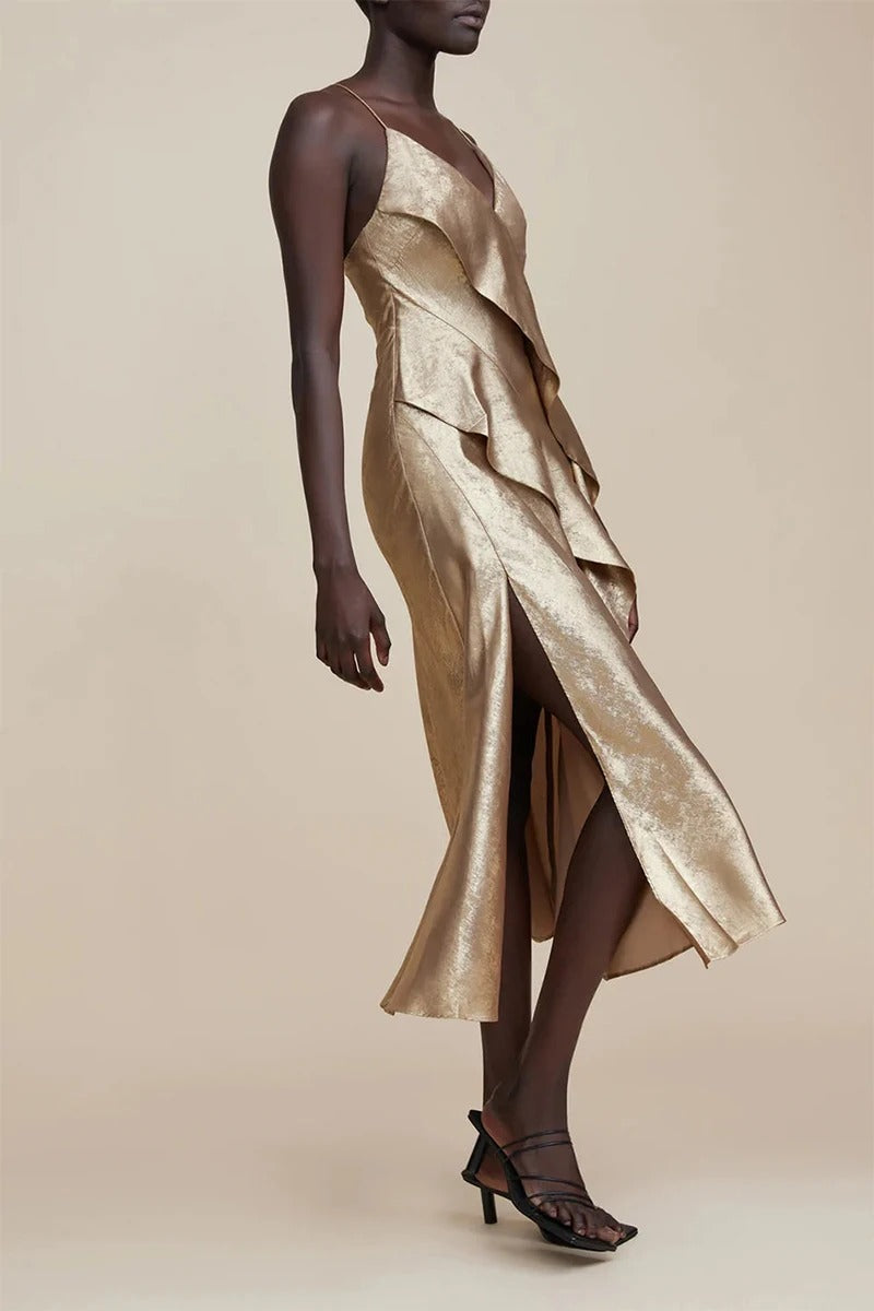 Gold ruffle detail midi dress with thin straps