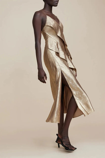 Gold ruffle detail midi dress with thin straps