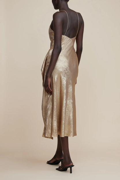 Gold ruffle detail midi dress with thin straps