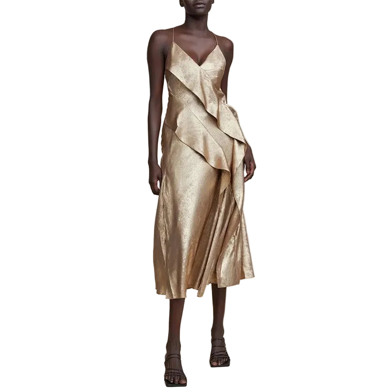Gold ruffle detail midi dress with thin straps