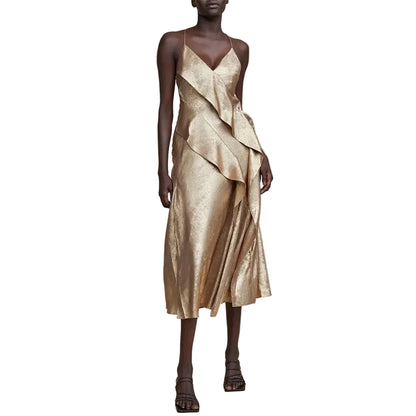 Gold ruffle detail midi dress with thin straps