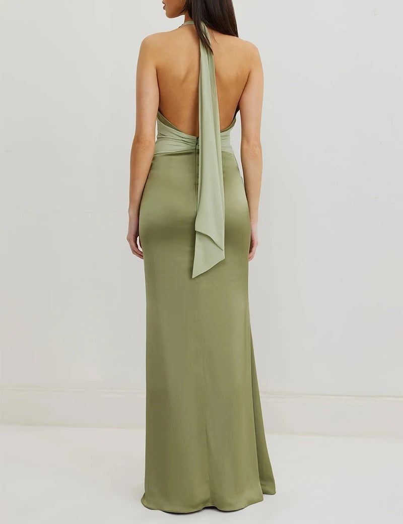 Olive halterneck maxi dress with wrap waist detail