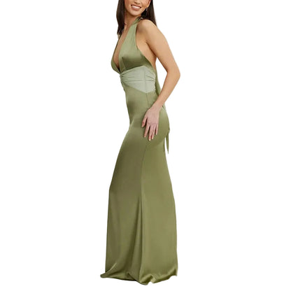 Olive halterneck maxi dress with wrap waist detail