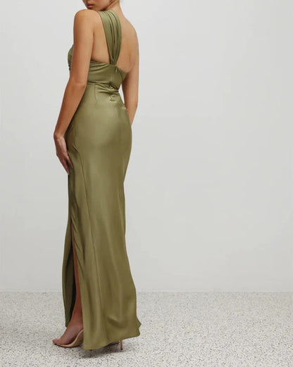 Olive one-shoulder cut-out maxi dress with slit