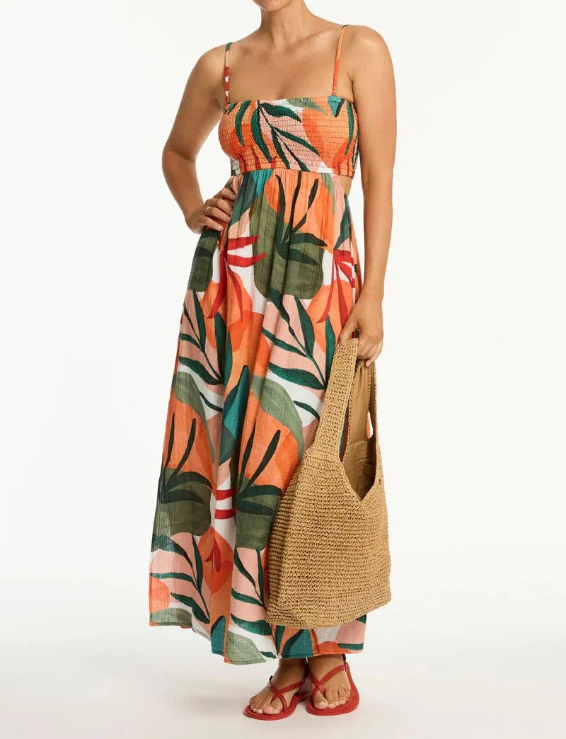 Orange tropical print maxi dress with smocked bodice