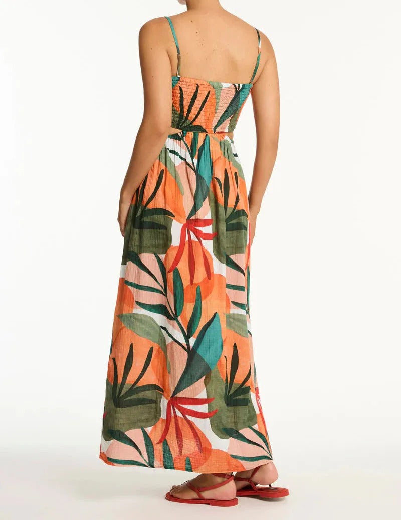 Orange tropical print maxi dress with smocked bodice
