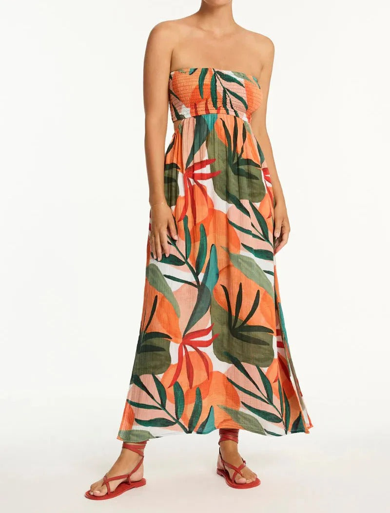 Orange tropical print maxi dress with smocked bodice