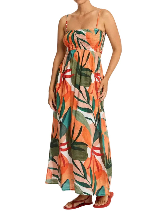 Orange tropical print maxi dress with smocked bodice