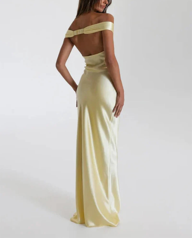 Pale yellow off-shoulder fitted maxi dress