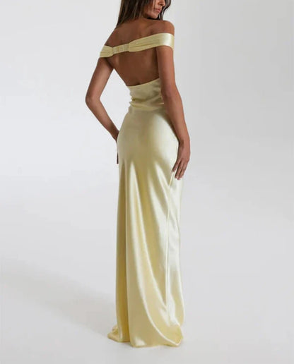 Pale yellow off-shoulder fitted maxi dress