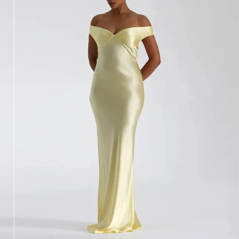 Pale yellow off-shoulder fitted maxi dress