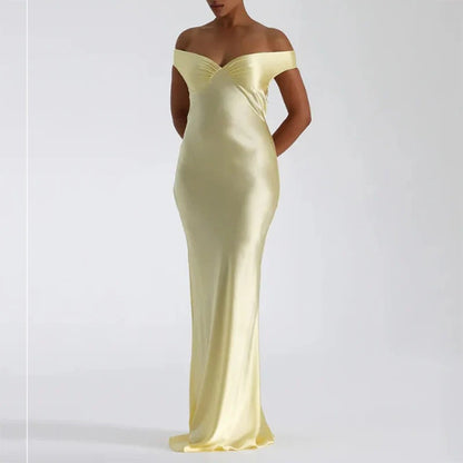 Pale yellow off-shoulder fitted maxi dress