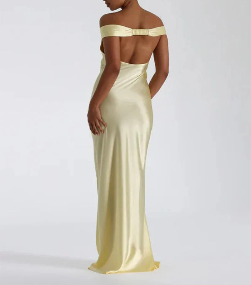 Pale yellow off-shoulder fitted maxi dress