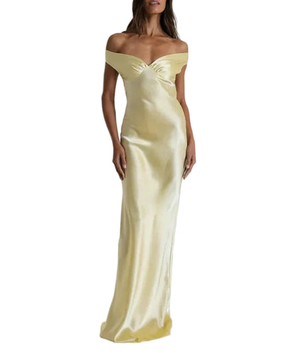 Pale yellow off-shoulder fitted maxi dress