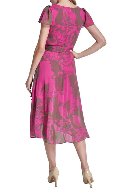 Pink floral wrap dress with short sleeves