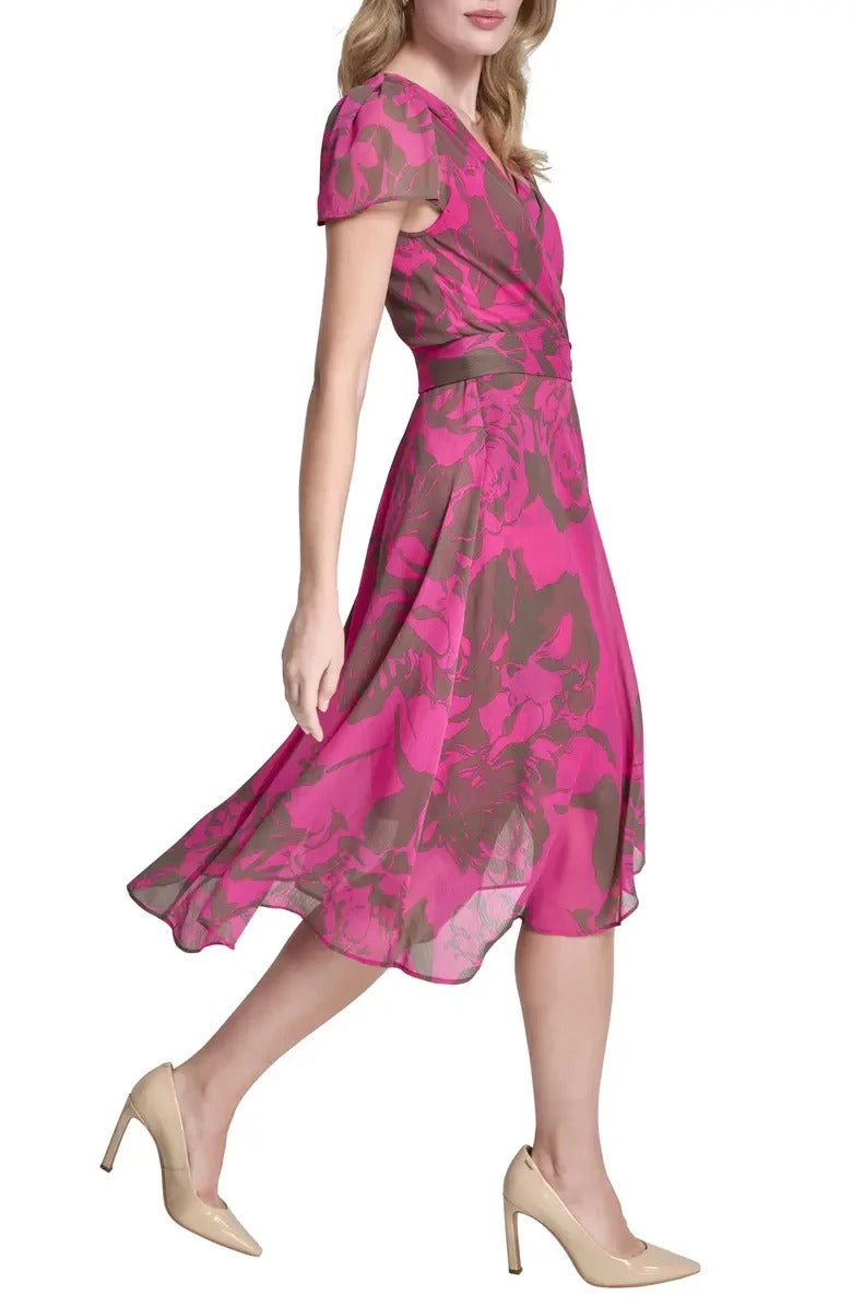 Pink floral wrap dress with short sleeves