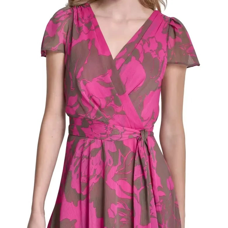 Pink floral wrap dress with short sleeves
