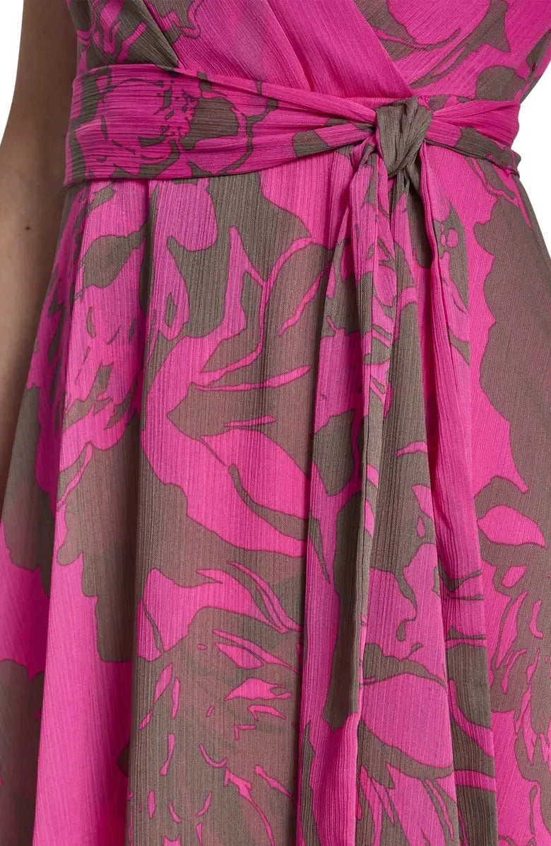 Pink floral wrap dress with short sleeves