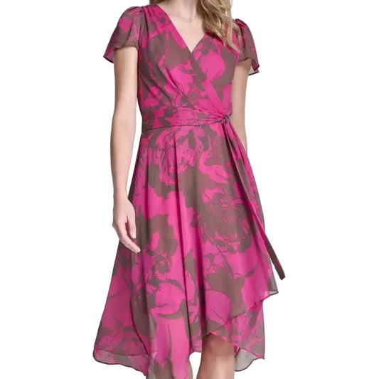 Pink floral wrap dress with short sleeves