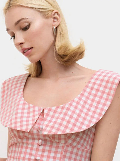 Pink gingham sleeveless mini dress with wide collar
