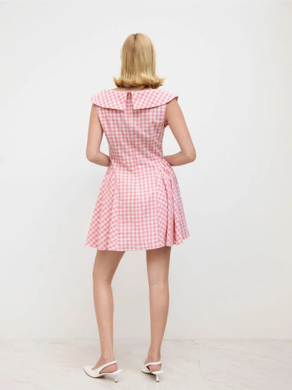 Pink gingham sleeveless mini dress with wide collar
