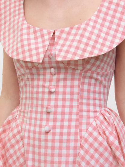 Pink gingham sleeveless mini dress with wide collar