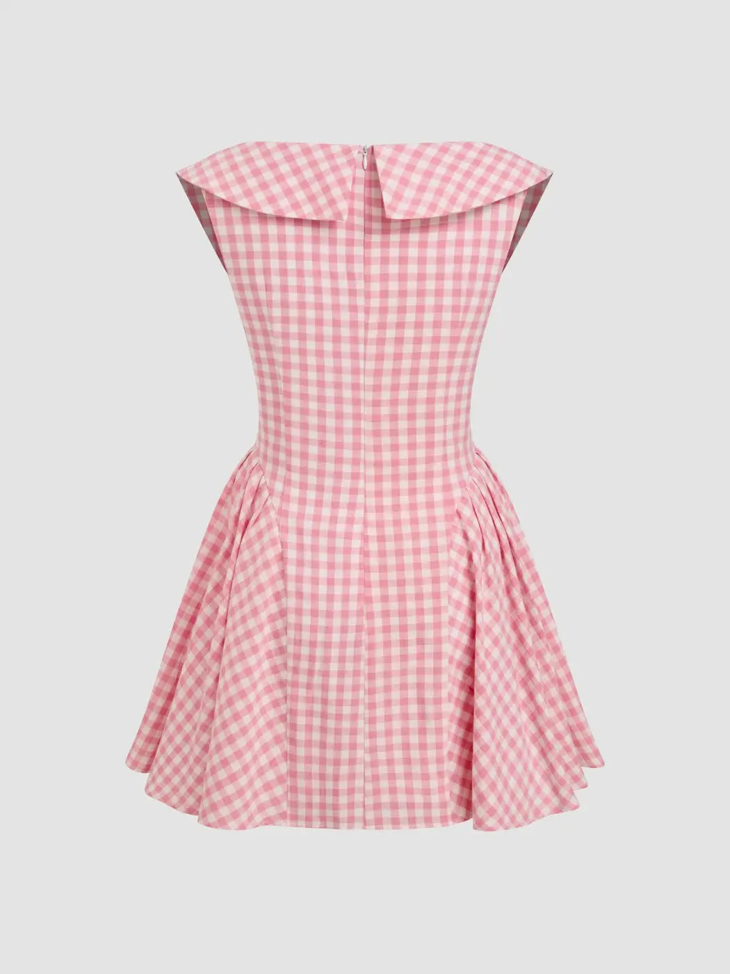 Pink gingham sleeveless mini dress with wide collar