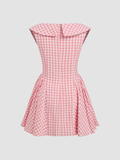 Pink gingham sleeveless mini dress with wide collar