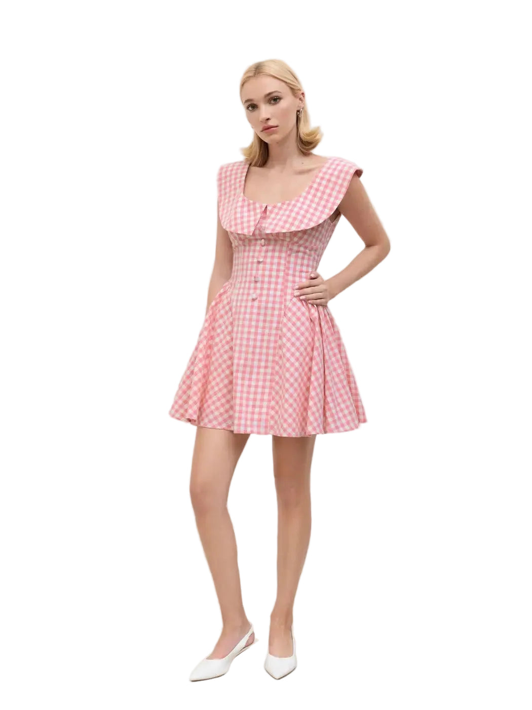 Pink gingham sleeveless mini dress with wide collar