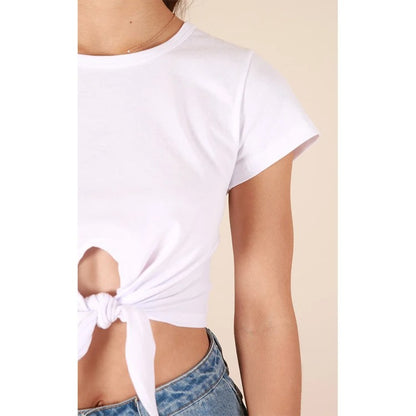White cropped tie-front short sleeve top